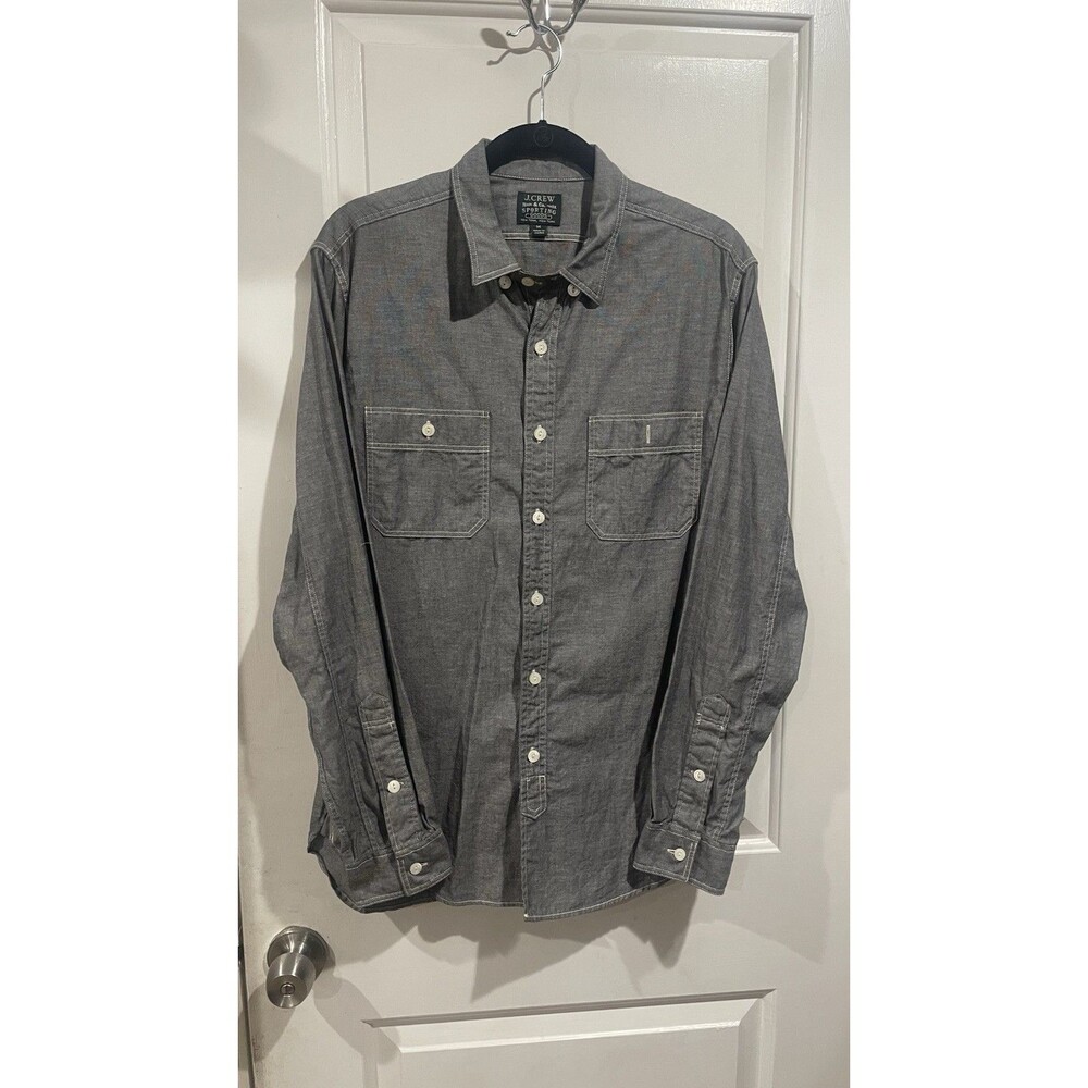 J Crew Button Down Shirt Mens Medium Blue Chambray Short Sleeve Slim Fit Pocket